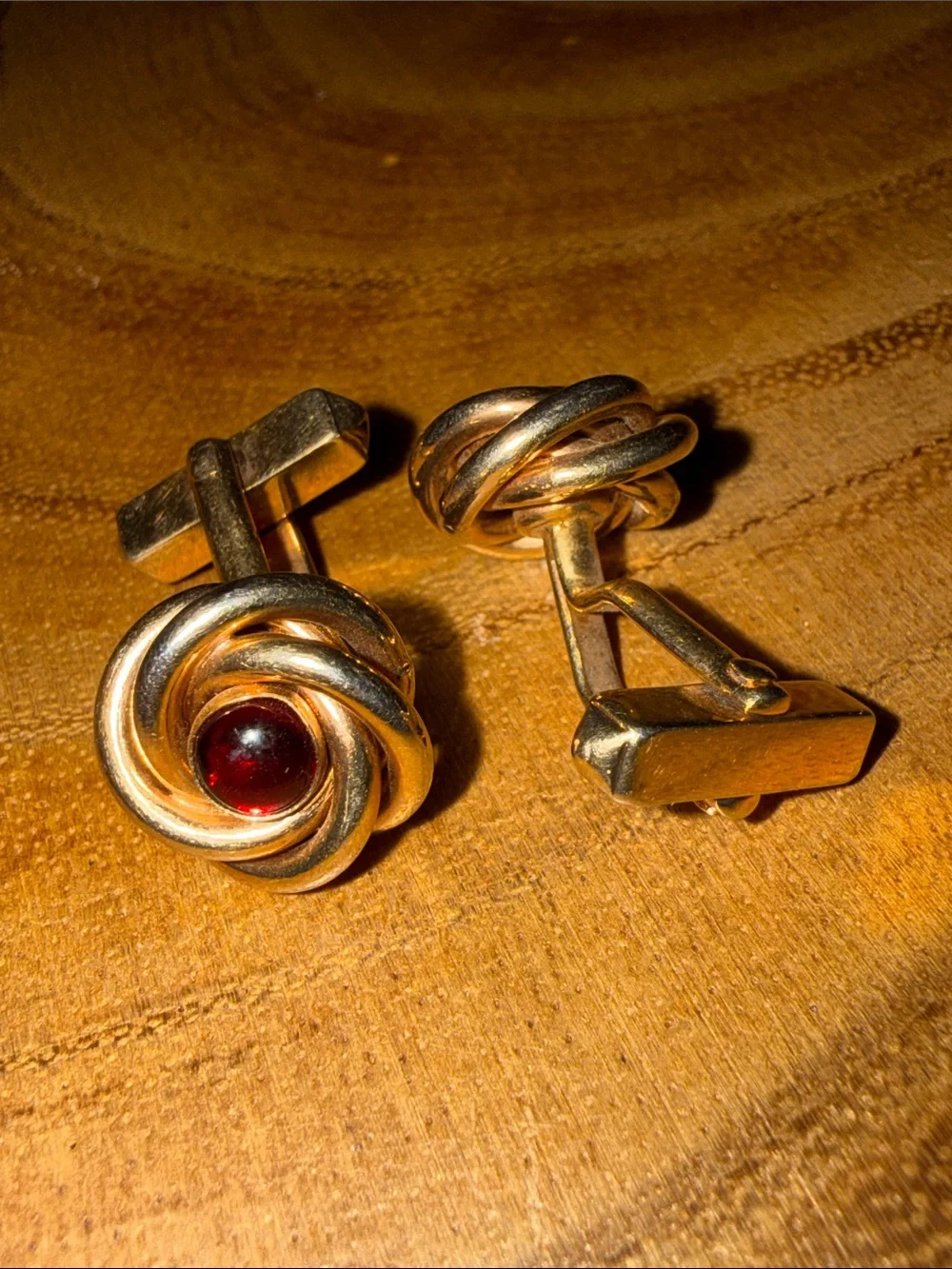 VTG Swank Gold Tone Love Knot Cufflinks Red Glass Cabochon Retro 1940s